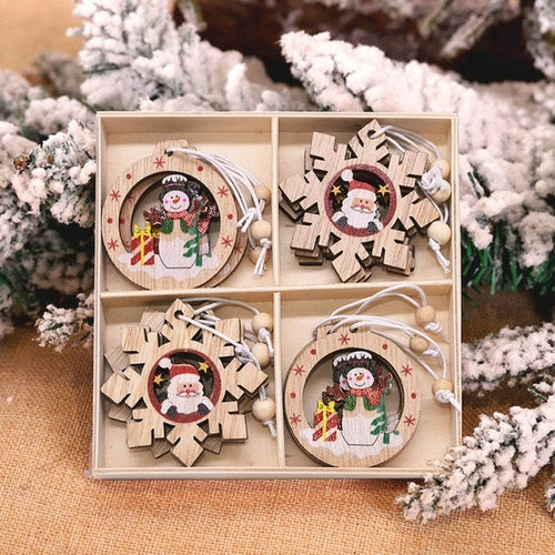 12pcs Christmas Snowflakes Wooden Pendants Xmas Tree Hanging Ornaments