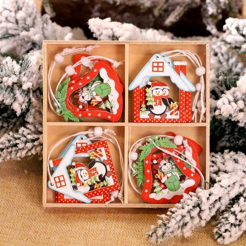 12pcs Christmas Snowflakes Wooden Pendants Xmas Tree Hanging Ornaments