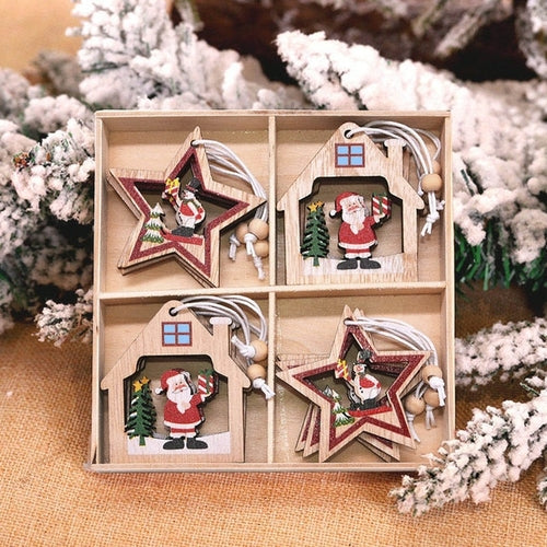 12pcs Christmas Snowflakes Wooden Pendants Xmas Tree Hanging Ornaments