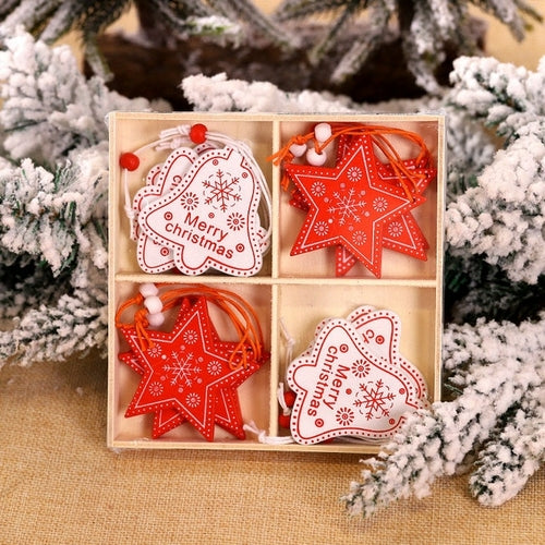 12pcs Christmas Snowflakes Wooden Pendants Xmas Tree Hanging Ornaments