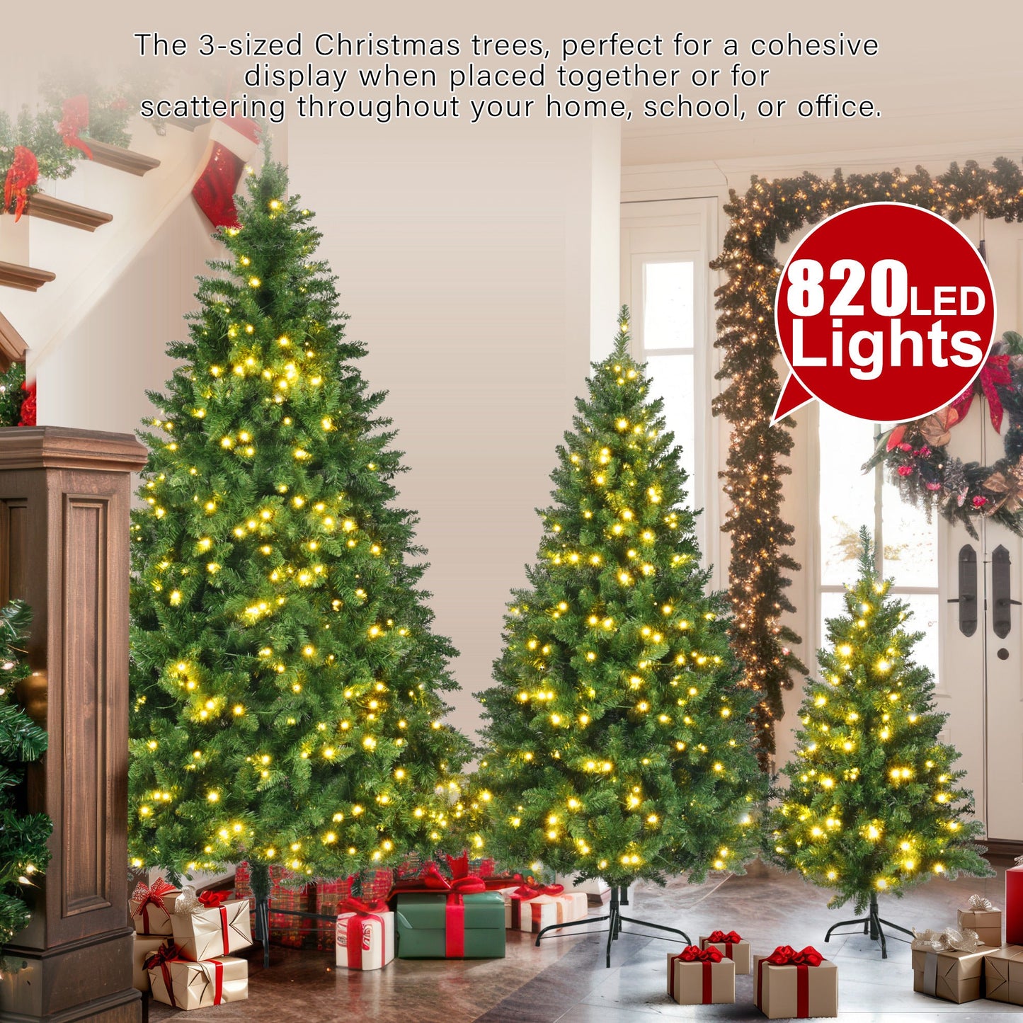 8FT, 6FT, 4FT Pre-Lit Green Pine Artificial Christmas Tree, Set of 3