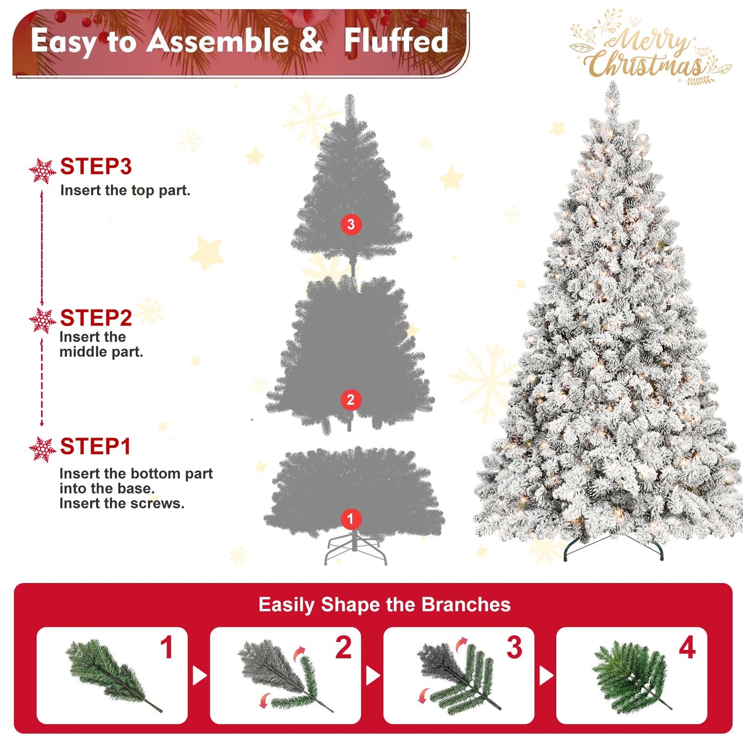 6FT Snow-Flocked Artificial Christmas Tree with Pine Cones, Prelit