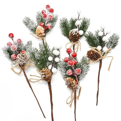 5pcs Christmas Red Berry Articifial Flower Pine Cone Branch Christmas