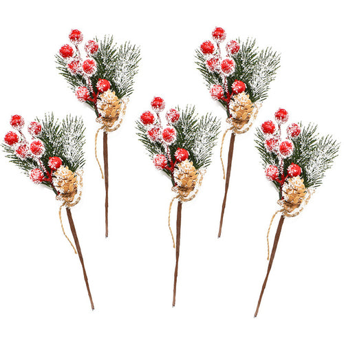 5pcs Christmas Red Berry Articifial Flower Pine Cone Branch Christmas