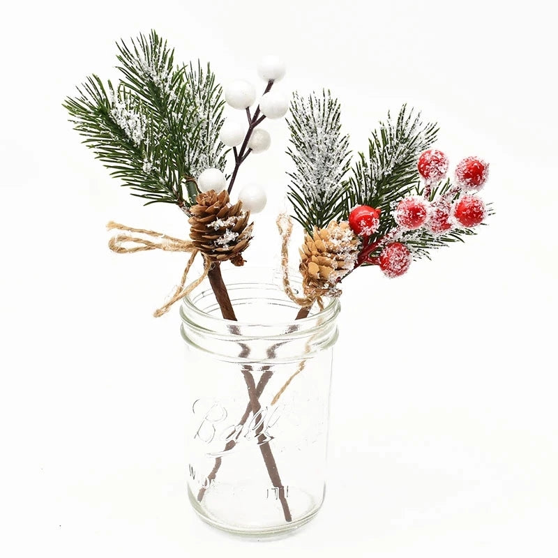 5pcs Christmas Red Berry Articifial Flower Pine Cone Branch Christmas