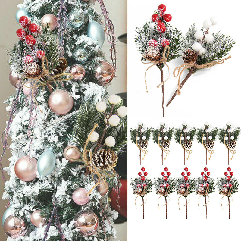 5pcs Christmas Red Berry Articifial Flower Pine Cone Branch Christmas