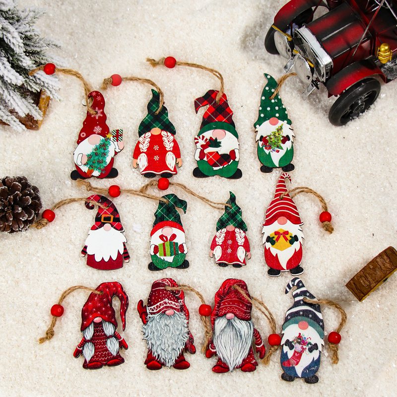 9/12pcs Christmas Gnomes Wooden Pendants Christmas Decorations For