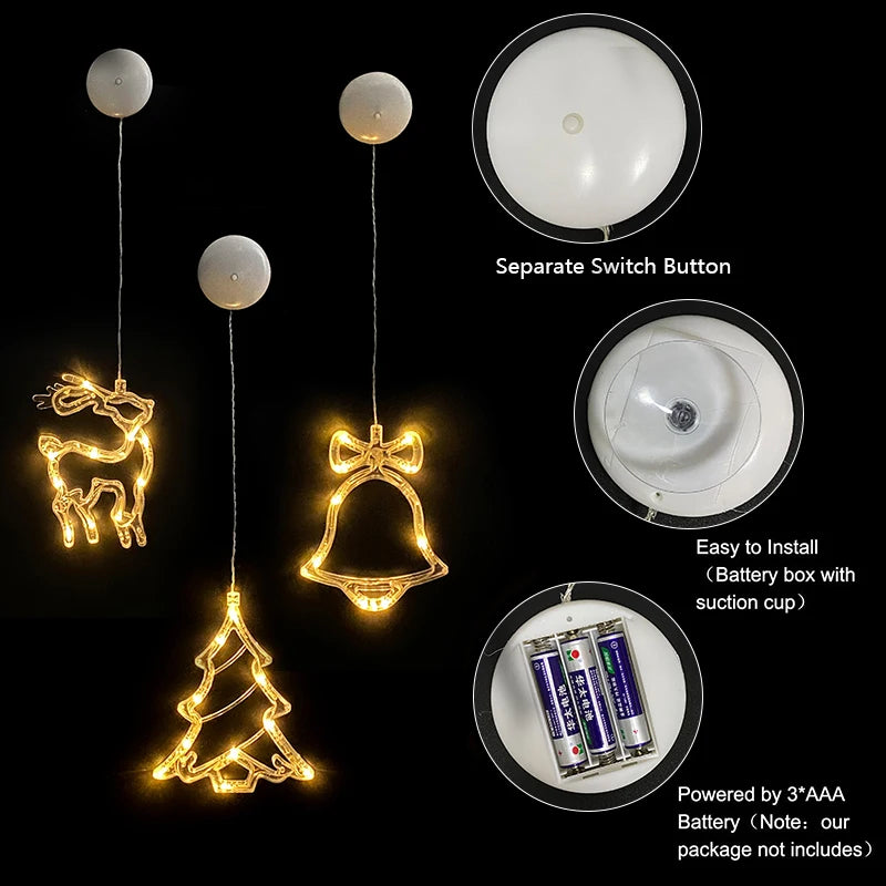 Christmas LED Light Snowflake Santa Deer Hanging Sucker Lamp Window