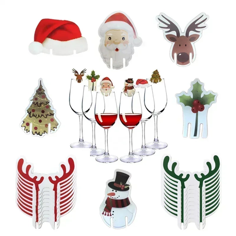 10/20/30PCS Christmas Cup Card Santa Hat Wine Glass Decor Ornaments