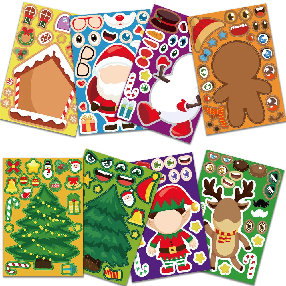 8Pcs Puzzle Cartoon Christmas Snowman Party Make a Face Stickers