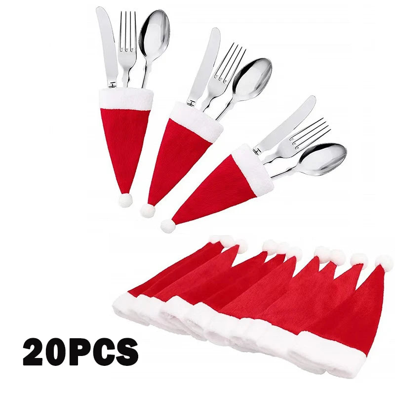 Merry Christmas 2023 Christmas Tableware Bag Holder Christmas Hat Fork