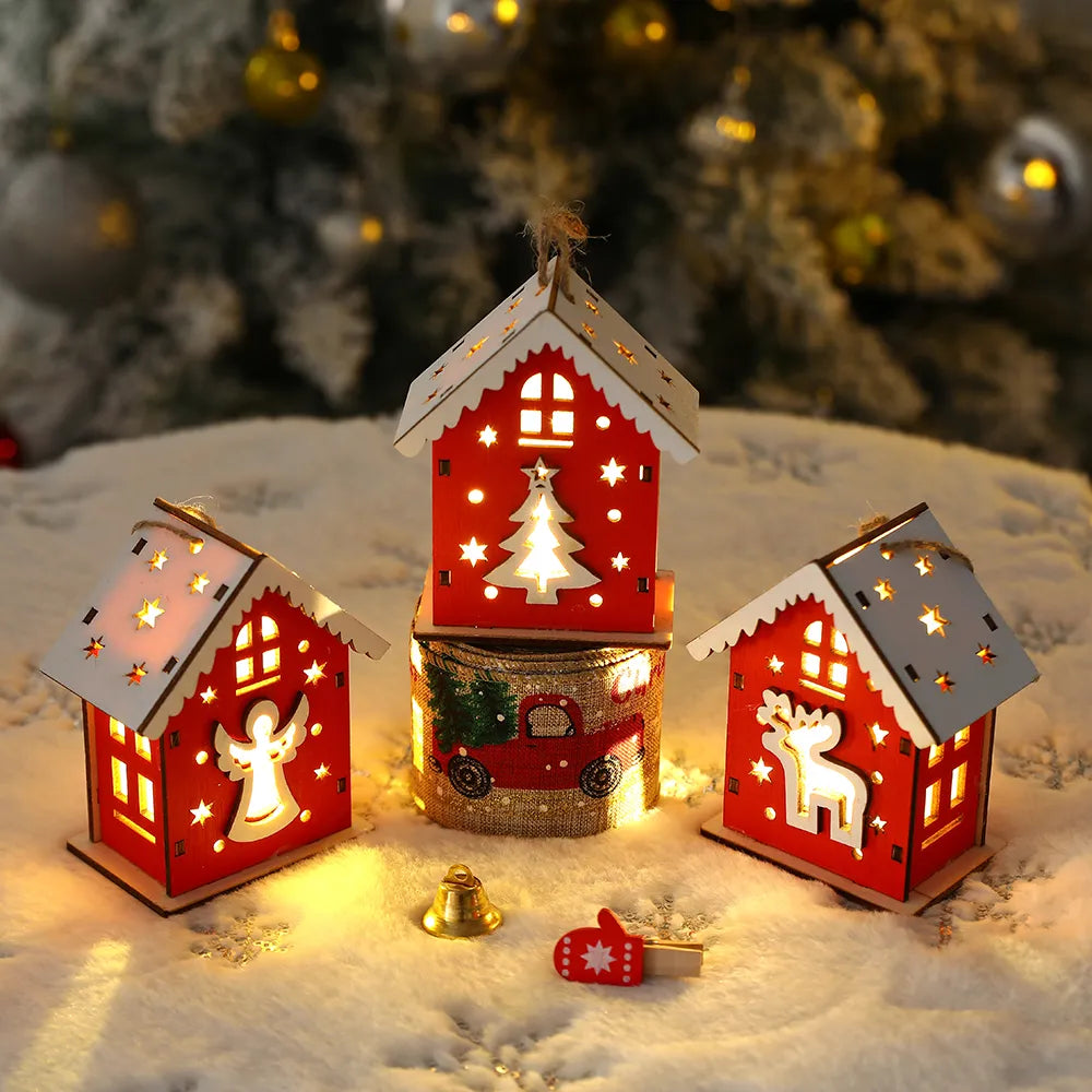 New Christmas Wooden House Pendant Snowman Elk Santa Claus Bear House