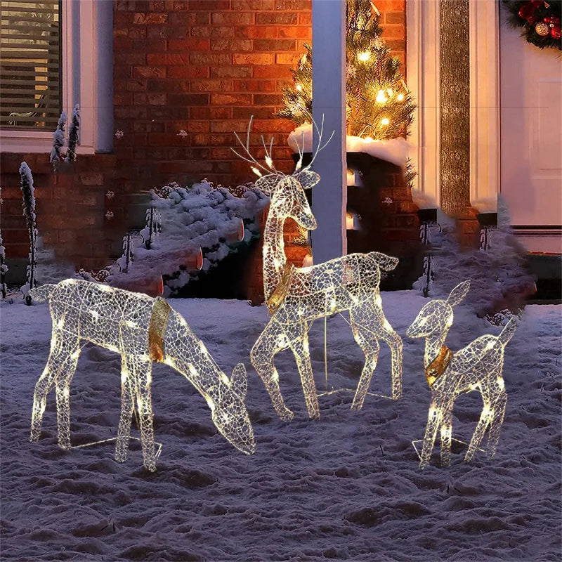 3Pcs Handmake Iron Art Elk Deer Christmas Garden Decor &LED Light