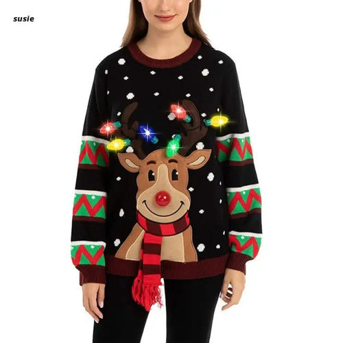 Women LED Light Up Holiday Sweater Christmas Cartoon Reindeer Knit