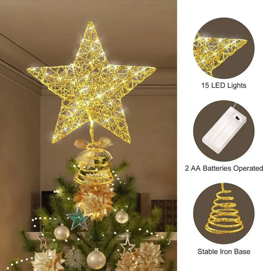 Iron Glitter Christmas Tree Topper Star with LED Copper Wire Lights