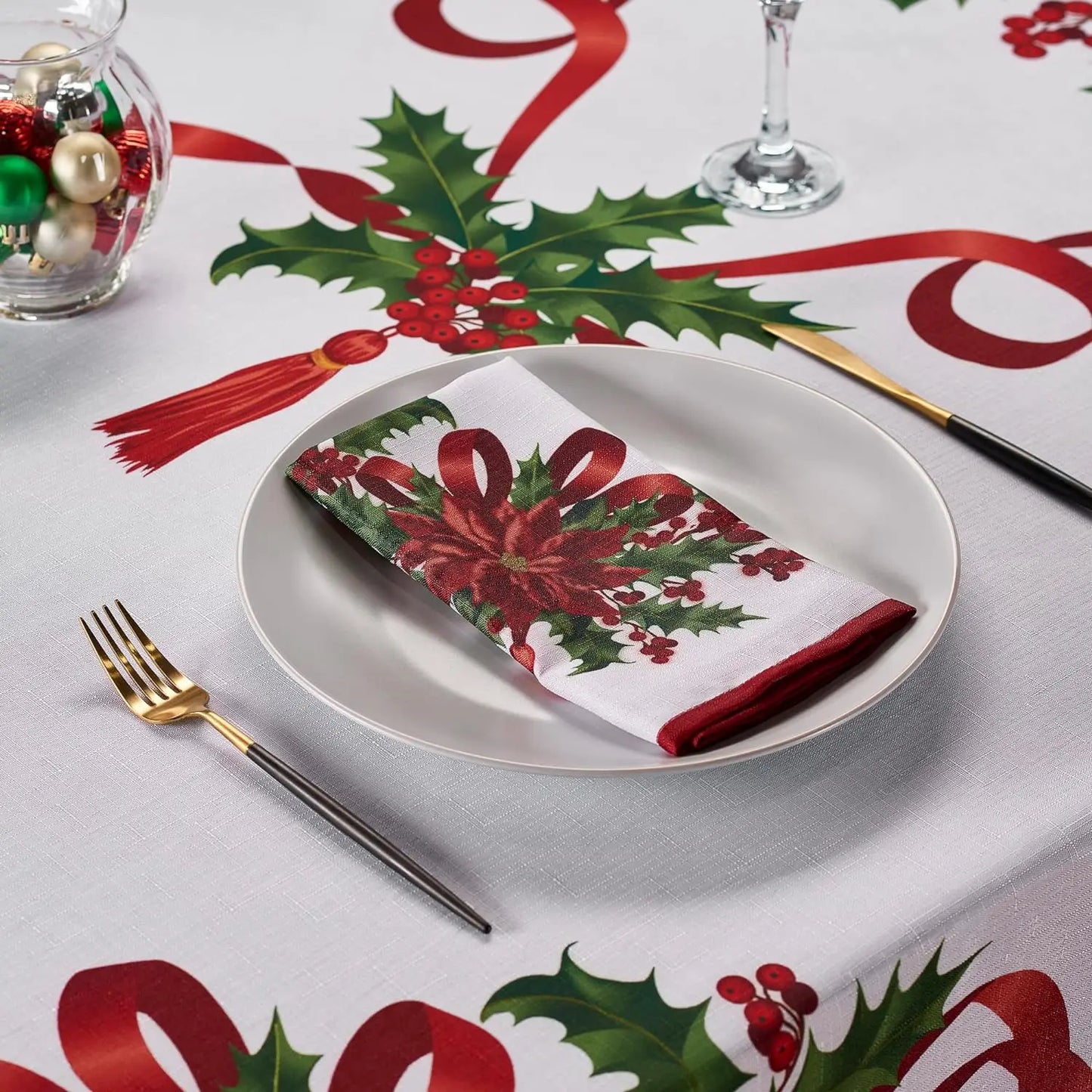 Christmas Ribbon Tablecloth Merry Xmas Table Cloth Harvest Holiday