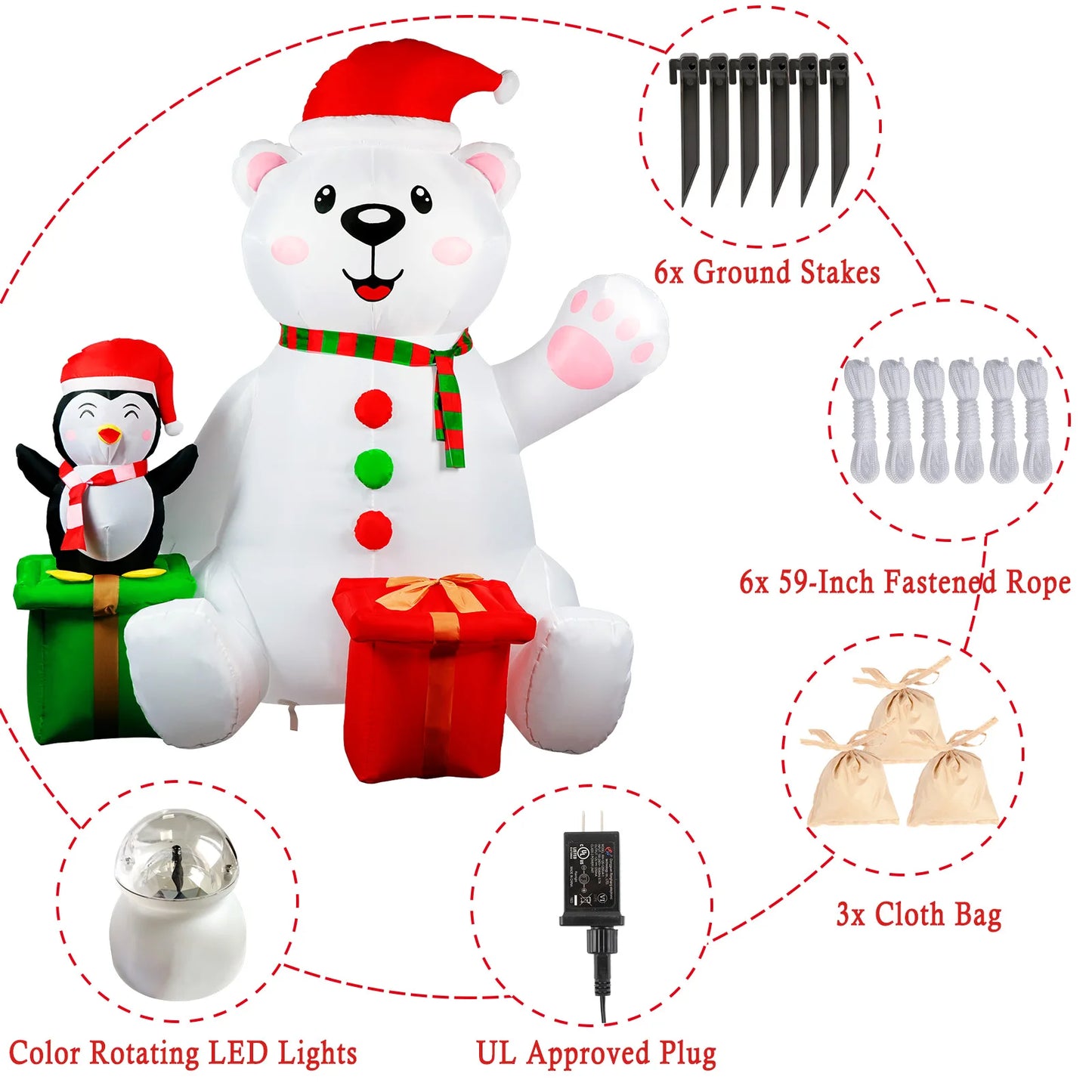 6FT Christmas Inflatables Outdoor Decorations Polar Bear Inflatable