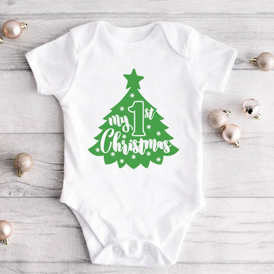 Cute My 1st Christmas Print Newborn Baby Bidysuits Cotton Short Sleeve