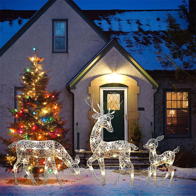 3Pcs Handmake Iron Art Elk Deer Christmas Garden Decor &LED Light