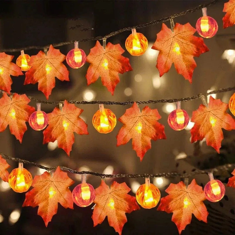 Artificial Autumn Maple Leaves Pumpkin Garland LED Fairy String Light