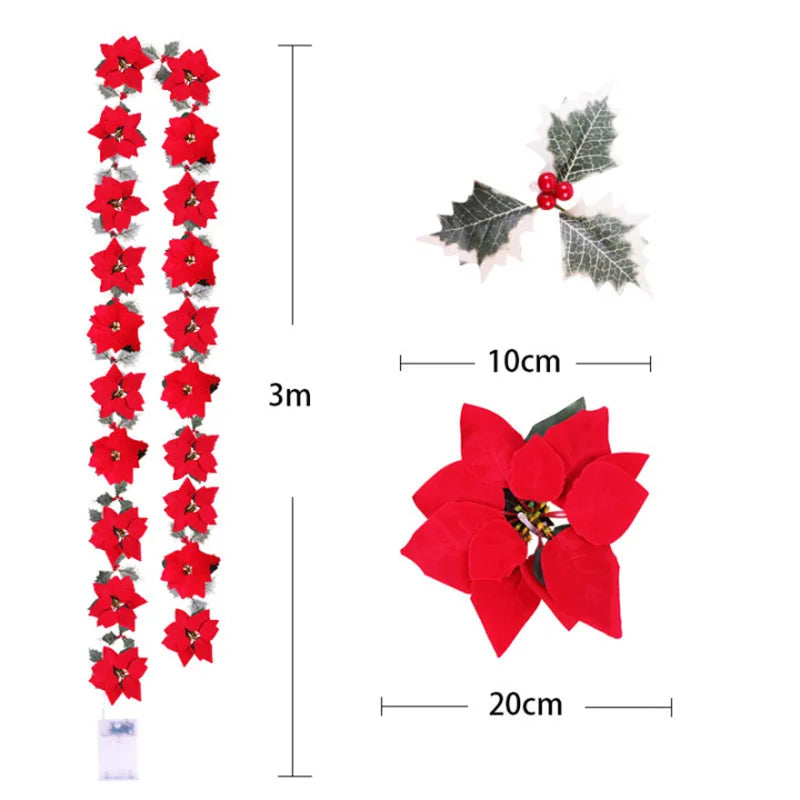 Poinsettia Christmas Flowers Garland String Lights Xmas Tree Ornaments