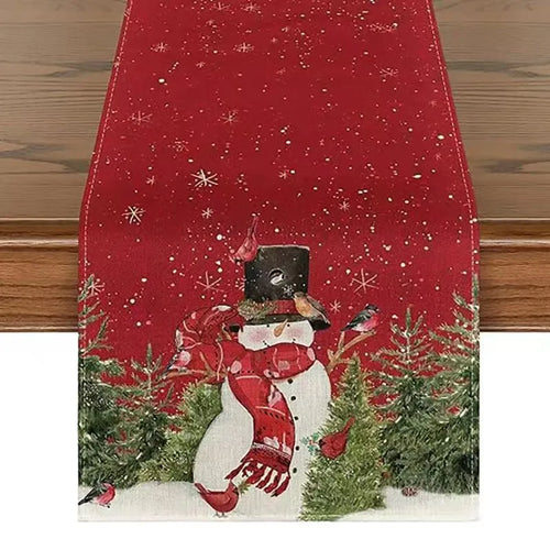 Linen Christmas Table Runner Snowman Xmas Tree Home Dining Table Cover