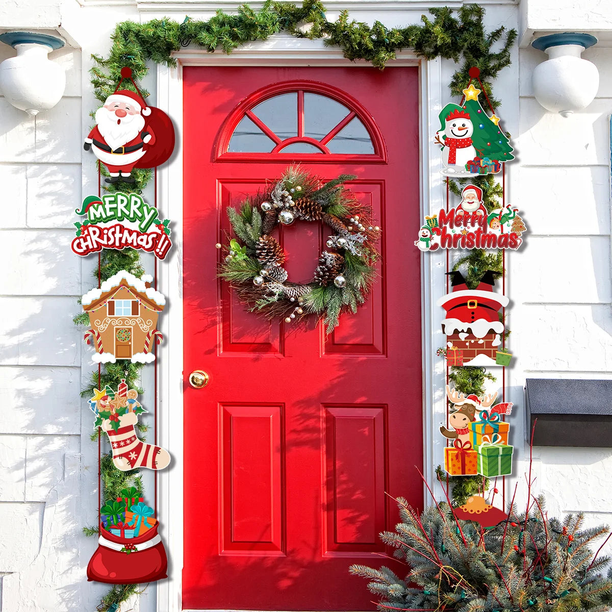 Merry Christmas Hanging Door Banner Santa Claus Snowman Couplet