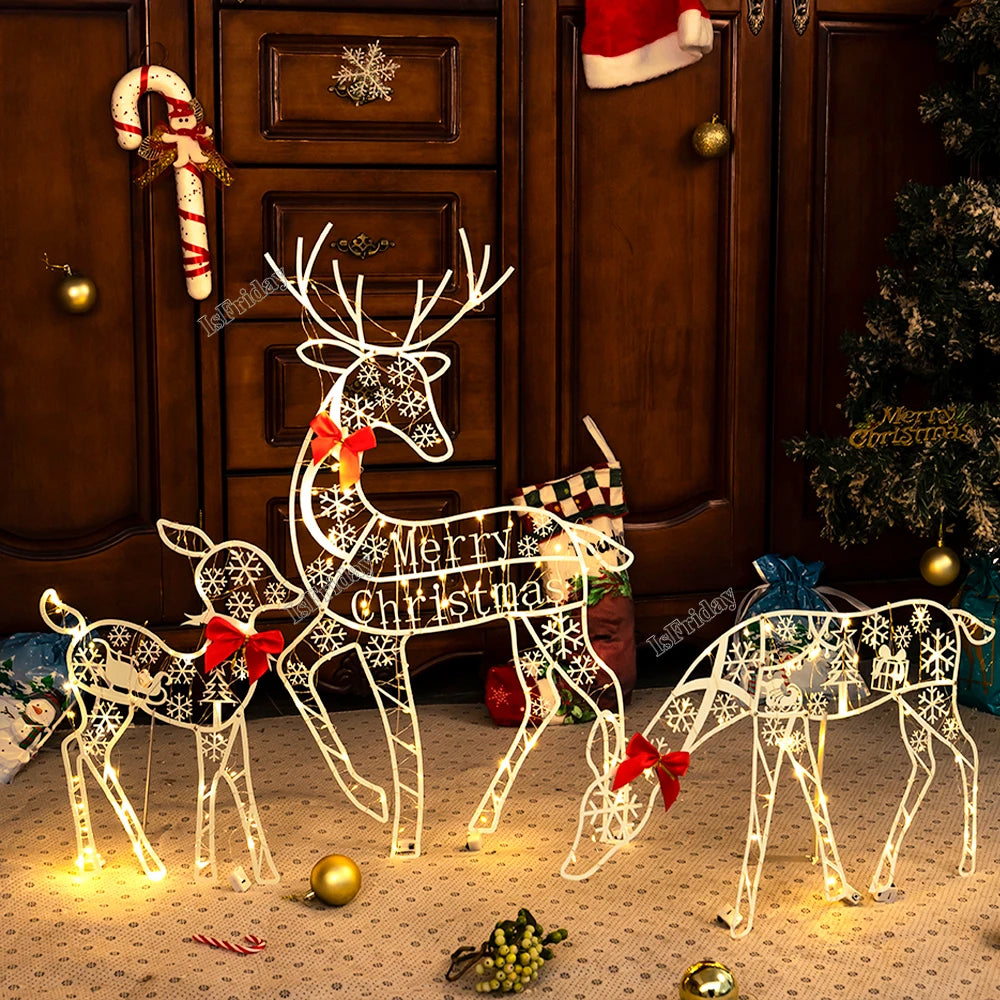 3PCS Handmake Iron Art Elk Deer Christmas Garden Decor &LED Light