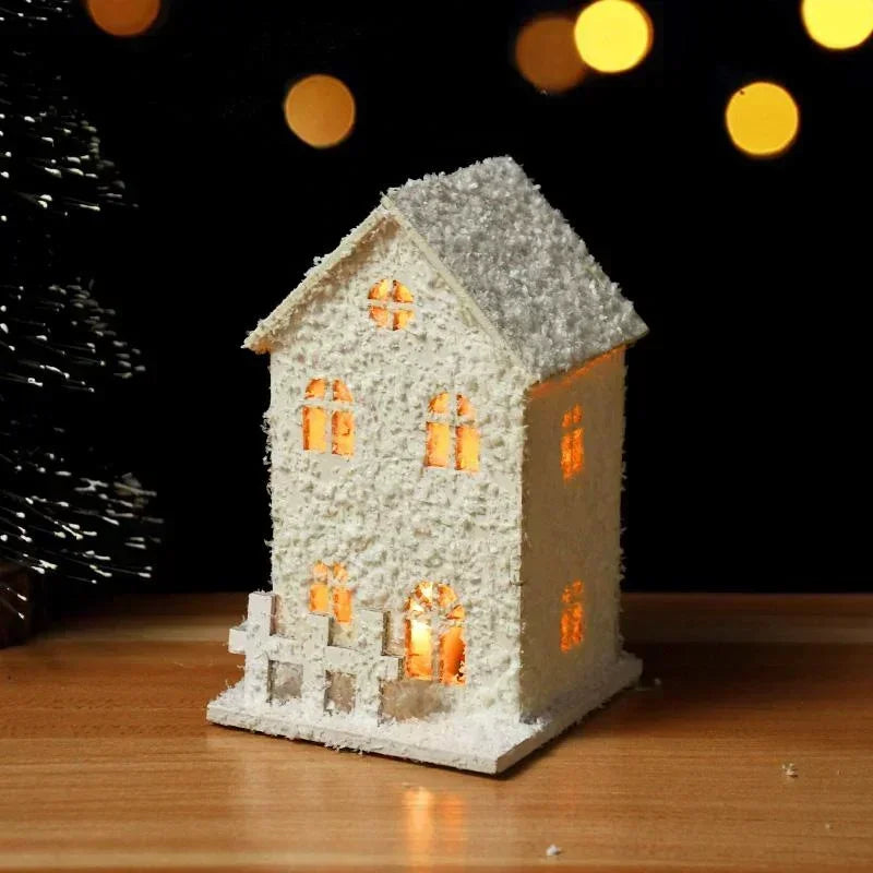 Xmas Ornament Christmas Led Light Wooden House with Snowflake Luminous