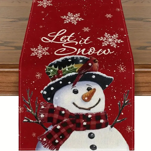 Linen Christmas Table Runner Snowman Xmas Tree Home Dining Table Cover