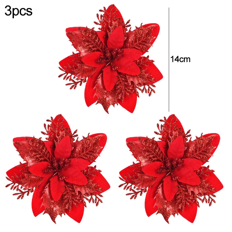 3Pcs 14cm Christmas Flowers Glitter Artificial Red Gold Flower Head