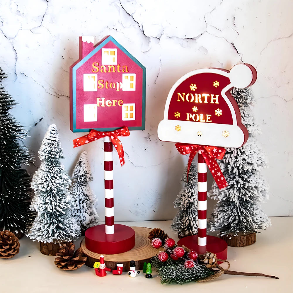 Christmas Retro Lamp North Pole Sign LED Light Santa Stop Here Street