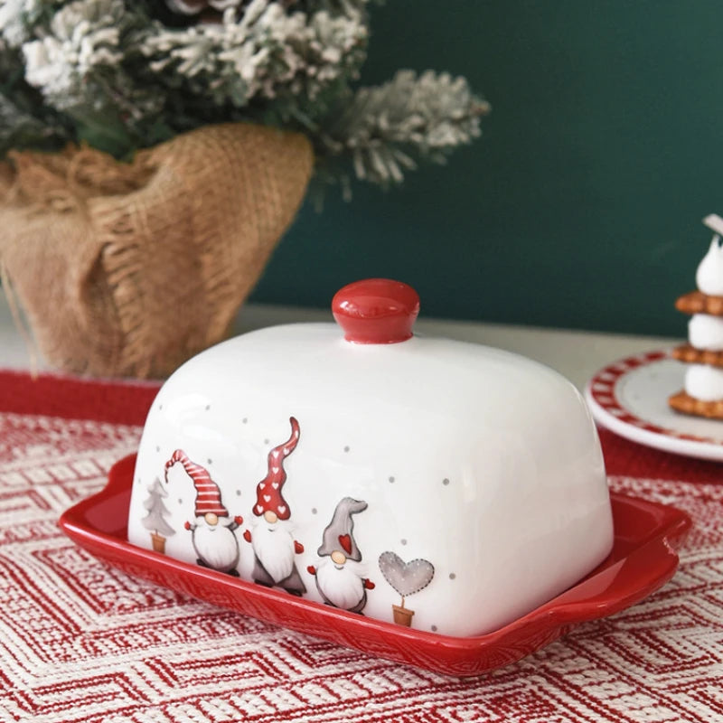 Nordic Ceramic Butter Dish with Lid Santa Claus Chrismas Food Service