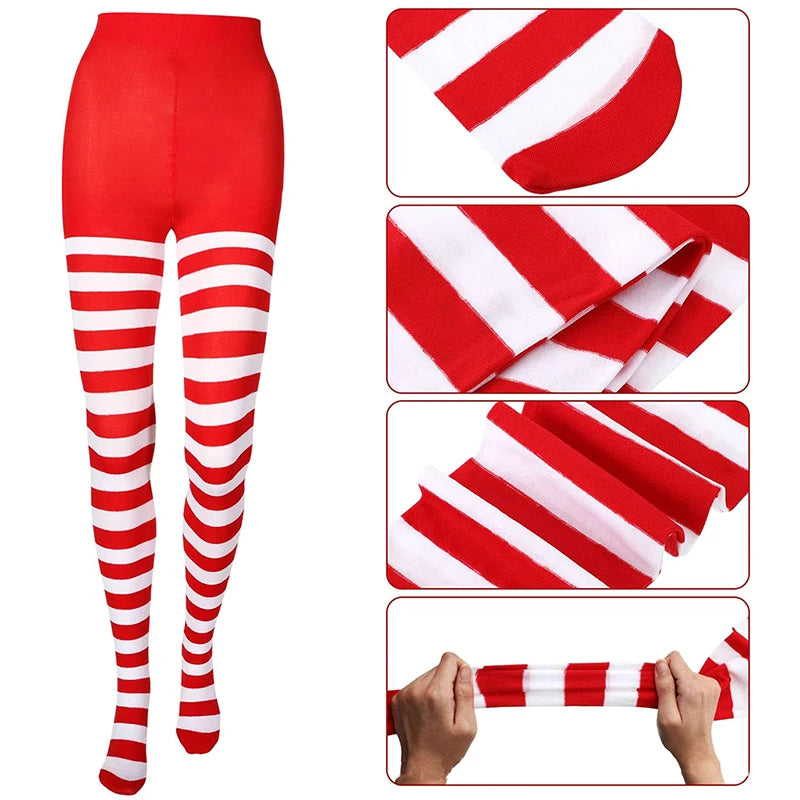 Women Red Black Striped Tights Full Length Tights Thigh High Stocking