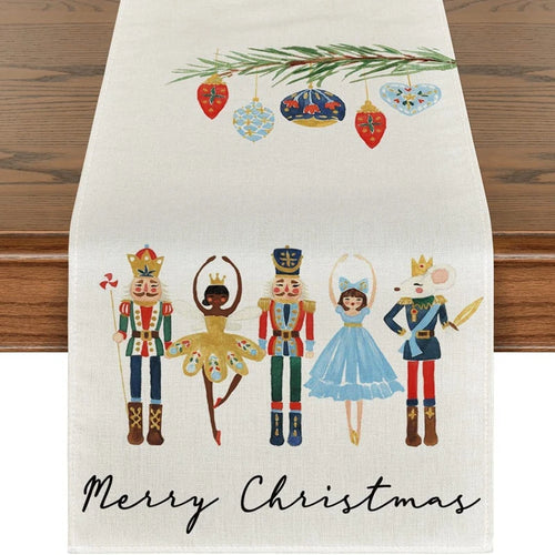 Linen Christmas Table Runner Snowman Xmas Tree Home Dining Table Cover