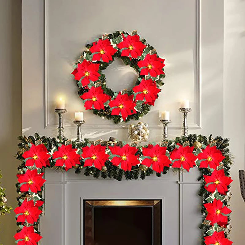 Poinsettia Christmas Flowers Garland String Lights Xmas Tree Ornaments