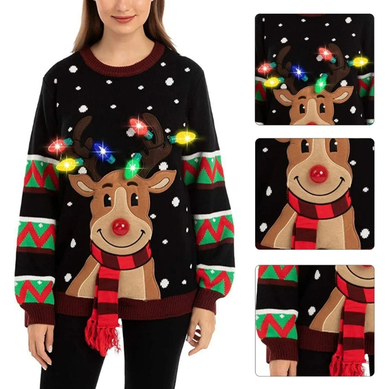 Women LED Light Up Holiday Sweater Christmas Cartoon Reindeer Knit