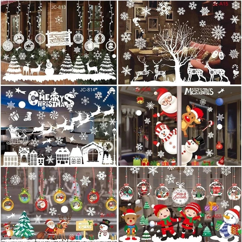 1Set Santa Claus Snowman Elk Window Stickers Snowflake Electrostatic