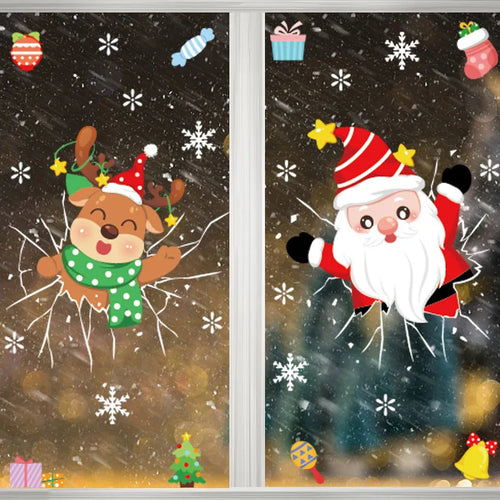 1Set Santa Claus Snowman Elk Window Stickers Snowflake Electrostatic