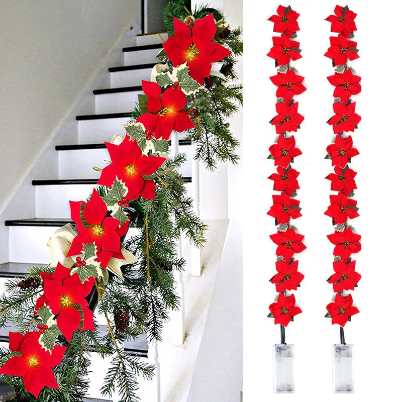 Poinsettia Christmas Flowers Garland String Lights Xmas Tree Ornaments