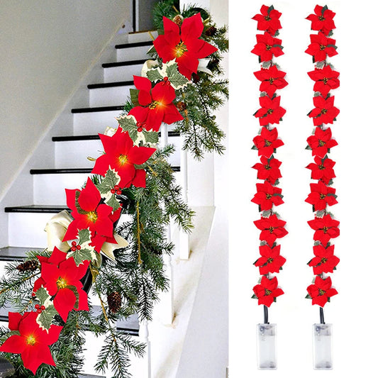 Poinsettia Christmas Flowers Garland String Lights Xmas Tree Ornaments