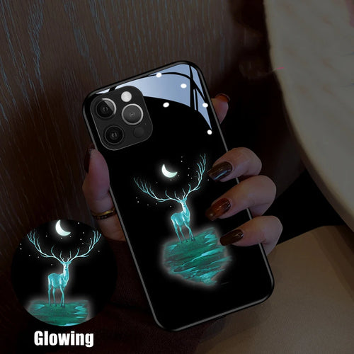 Couples Reindeer LED Light Glowing Luminous Tempered Glass Phone Case