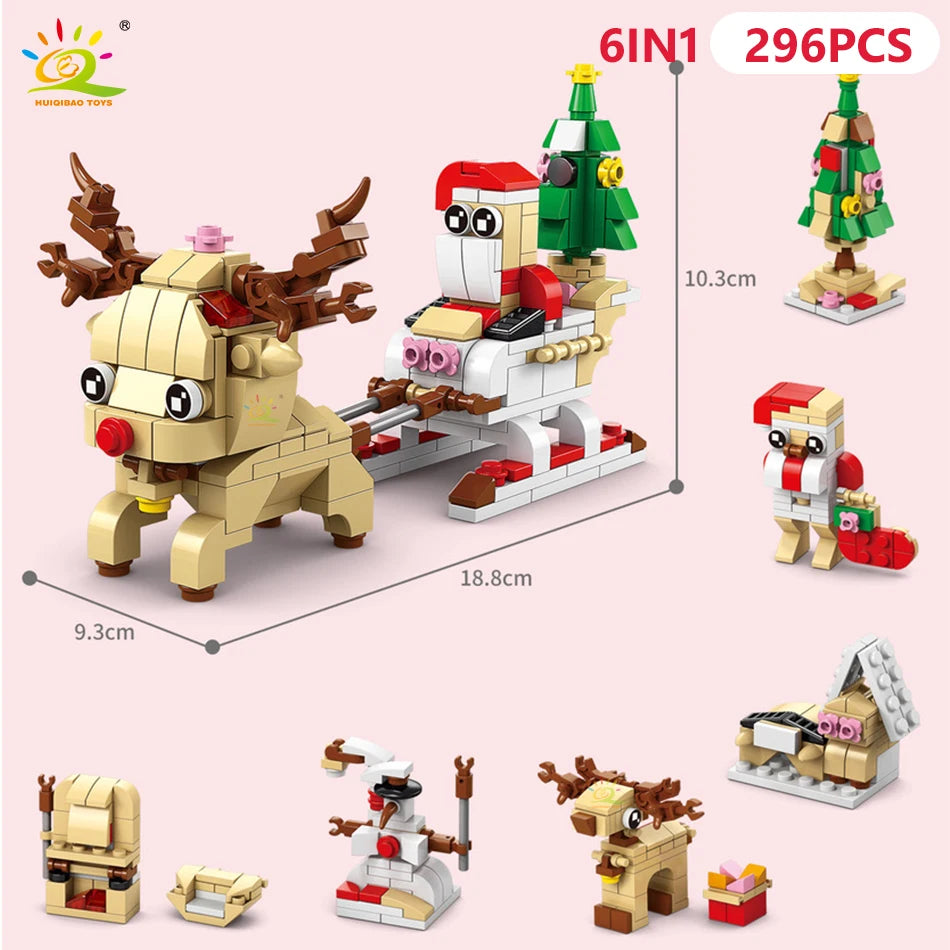 HUIQIBAO 6IN1 Christmas Elk Deer Santa Claus Building Blocks City Snow