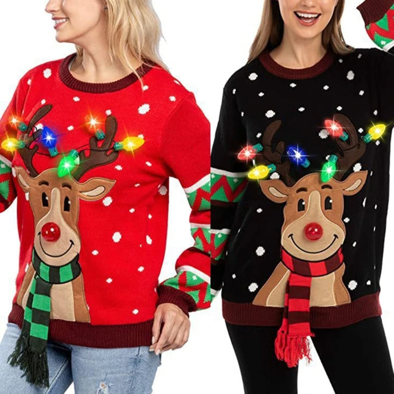 Women LED Light Up Holiday Sweater Christmas Cartoon Reindeer Knit