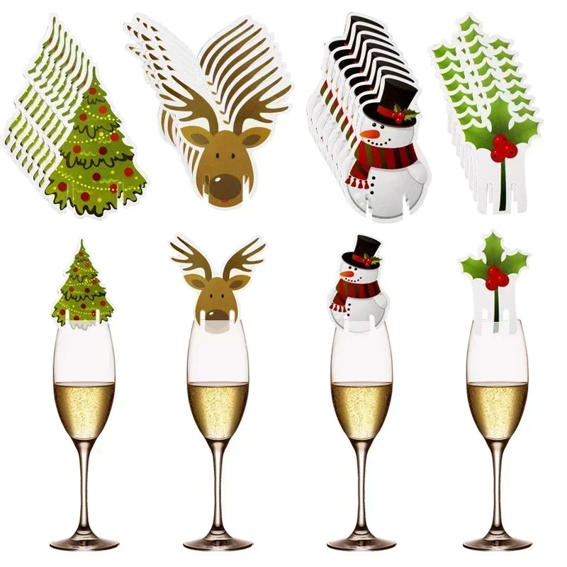 10/20/30PCS Christmas Cup Card Santa Hat Wine Glass Decor Ornaments