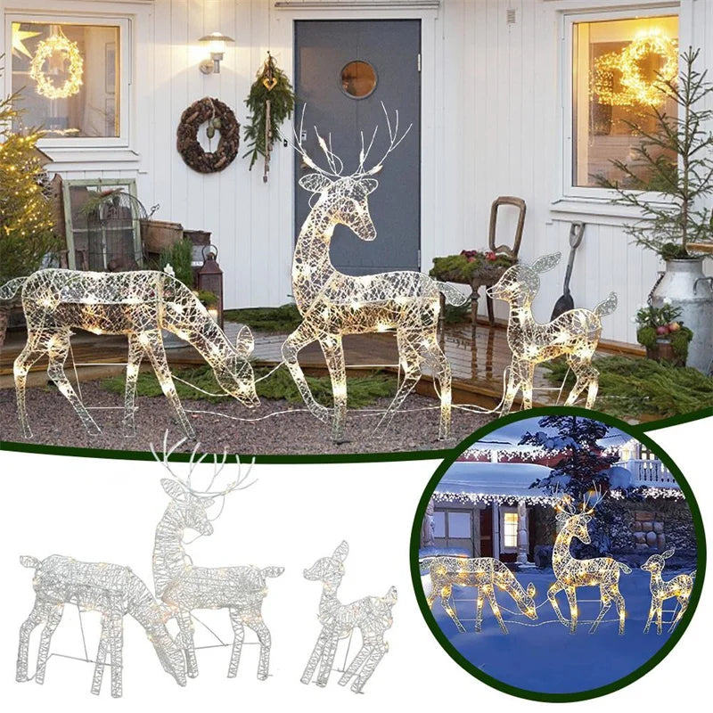 3Pcs Handmake Iron Art Elk Deer Christmas Garden Decor &LED Light