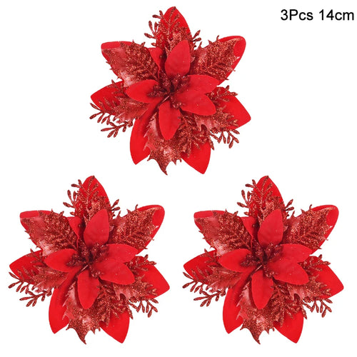 3Pcs 14cm Christmas Flowers Glitter Artificial Red Gold Flower Head