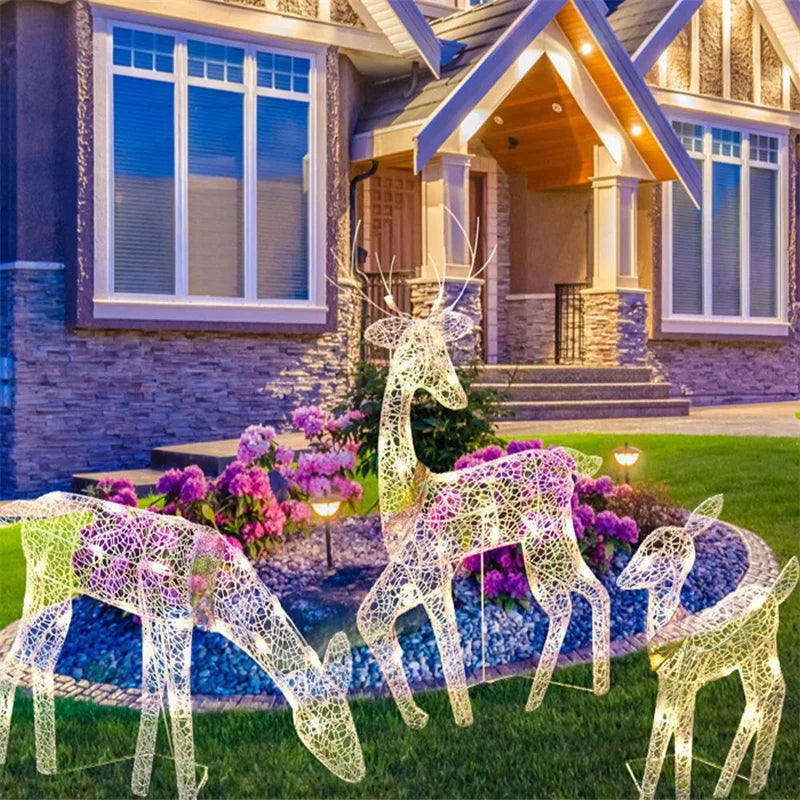 3Pcs Handmake Iron Art Elk Deer Christmas Garden Decor &LED Light