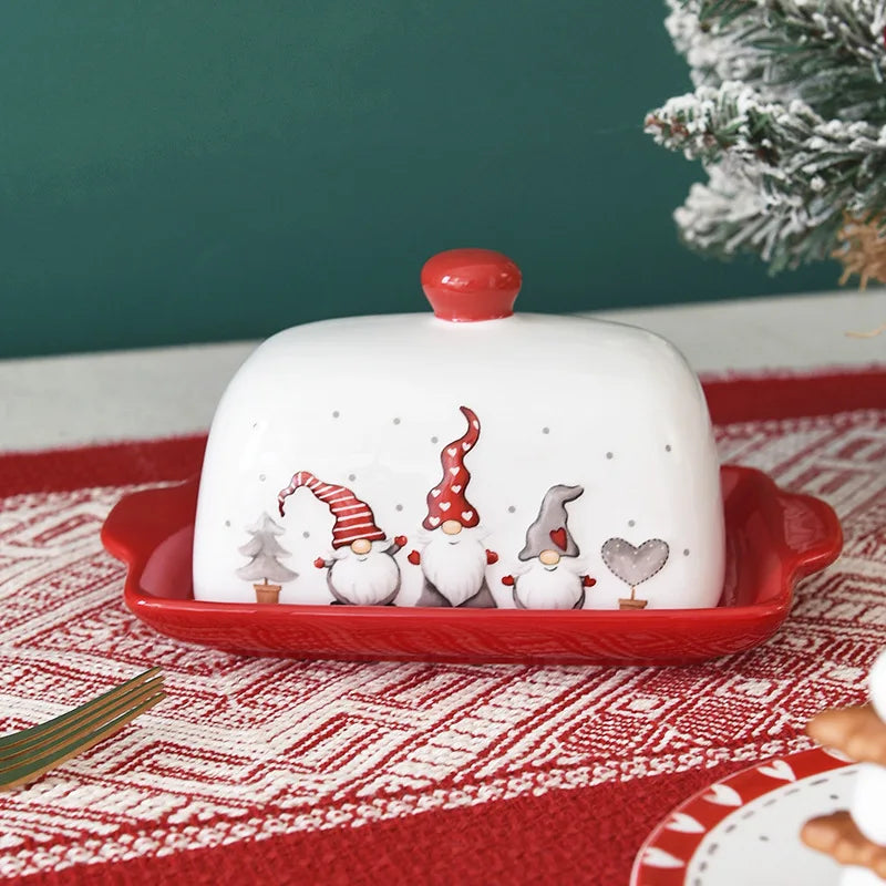 Nordic Ceramic Butter Dish with Lid Santa Claus Chrismas Food Service