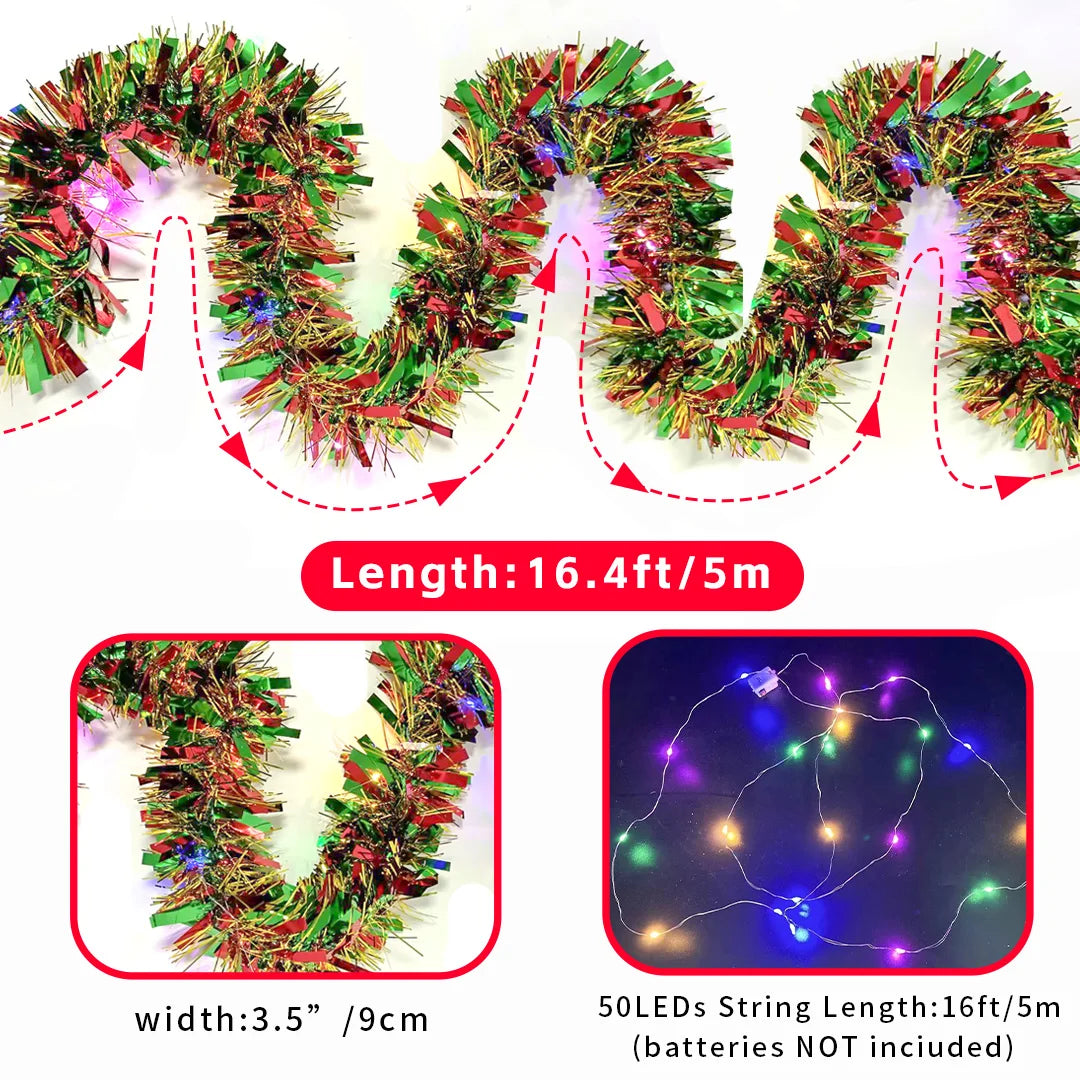 1pc 16 Ft Christmas Tinsel Garland Metallic Shinny With LED Lights